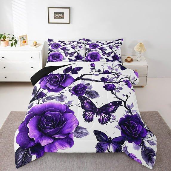 Erosebridal Purple Rose Bedding Sets Twin with Comforter, Dreamy Butterfly Duvet Insert, Vintage Romantic Reversible Bedding Twin Comforter Set, Super Cozy Bedroom Decoration, 2pcs