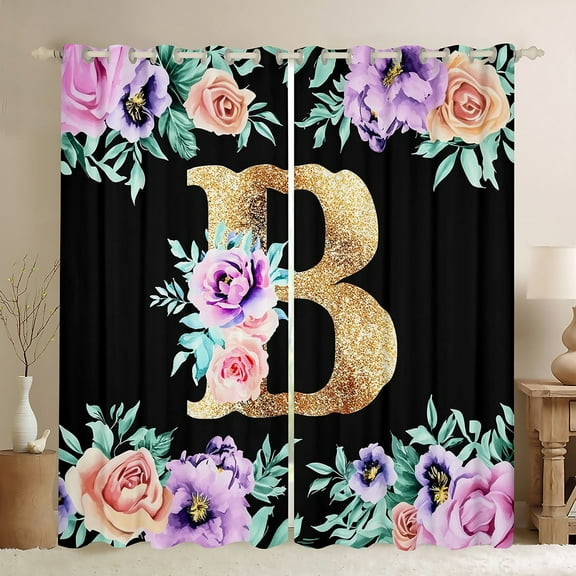 Erosebridal Purple Rose Curtains and Drapes (38x45), Initial Letter B 30%-50% Blackout Curtains for Bedroom, Cartoon Monogrammed Curtains for Living Room, Window Drapes Bedroom Decoration