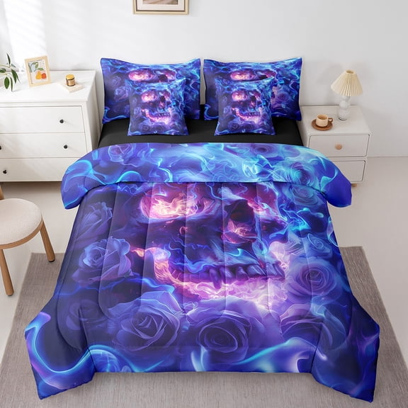 Erosebridal Purple Skull Bed in a Bag Queen size, Dreamy Rose Bed Set, Skeleton Reversible Bedding Queen Size, Ultra Soft Room Decoration, 7-Piece