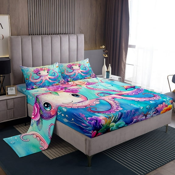 Erosebridal Teen Flower Octopus Sheet Set Twin,Cartoon Sealife Bedding Sets Twin Size,Marine Room Decorative,Breathable,3pcs