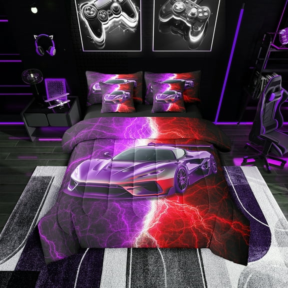 Erosebridal Purple Sports Car Bedding Sets Full Size 7-Piece, Lightning Print Comforter Sets with Sheets, Reversible
