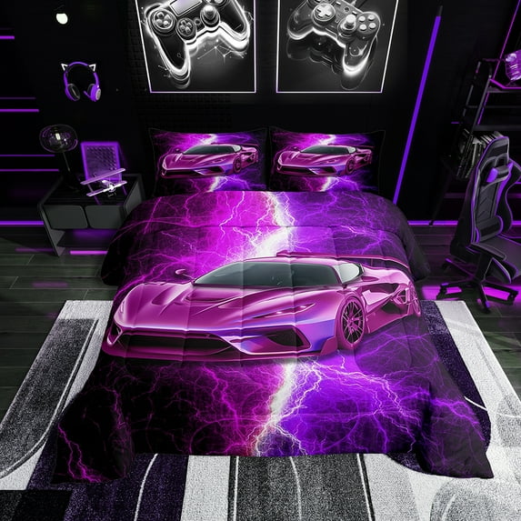 Erosebridal Purple Sports Car Bedding Twin Comforter Set, Lightning Printed Down Comforter, Reversible, 2 Pieces
