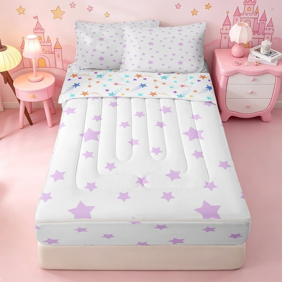 Erosebridal Purple Stars Print Zipper Full Size Comforter Sets with Fitted Sheet and 2 Pillowcases,Dreamy Princess Style Zipper Bedding Set For Girls,Colorful Stars Reversible,4 Pieces