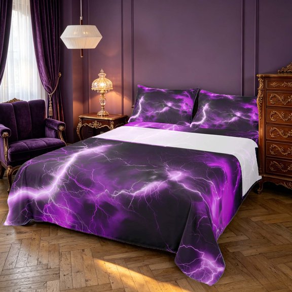 Erosebridal Purple Storm Lightning Queen Sheets,Dark Clouds Pattern Queen Sheet Sets,4-Piece,1 Flat Sheet,1 Fitted Sheet and 2 Pillowcases