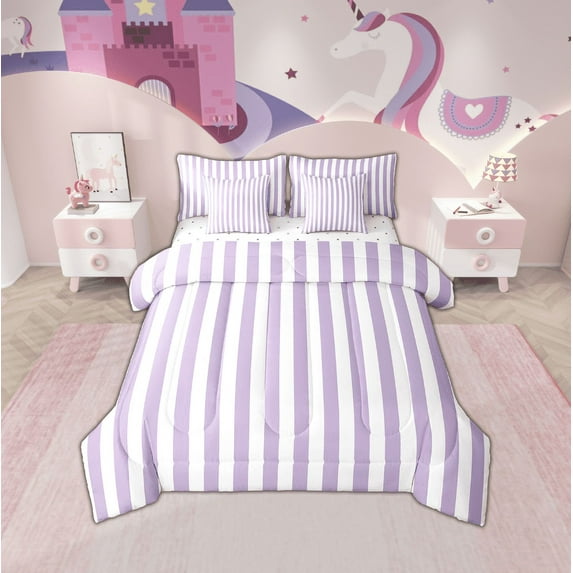 Erosebridal Purple Stripes Bedding Sets Queen Size, Geometry Abstract Comforter Sets with Sheets, Minimalism Reversible Bedding Queen Size, Microfiber Bedroom Decoration, 7pcs