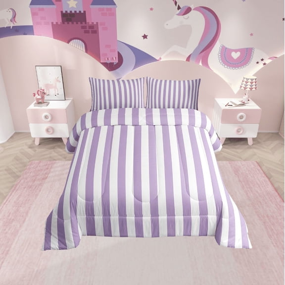 Erosebridal Purple Stripes Bedding Sets Twin with Comforter, Geometry Abstract Duvet Insert, Minimalism Reversible Comforters & Duvets, Microfiber Bedroom Decoration, 2pcs