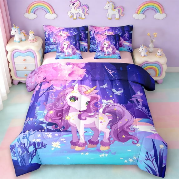 Erosebridal Purple Unicorn Animal 7-Piece Bedding Comforter Set,Kawaii Stars Rustic Flower Mushroom King Bedding Sets For Kids,Reversible Pink