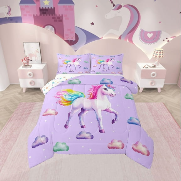 Erosebridal Purple Unicorn Bedding Twin Comforter Set,Kawaii Animal Down Comforter,Polka Dots Bedding Sets Twin With Comforter,Breathable Cartoon Bedroom Decorative,Reversible,2-Piece