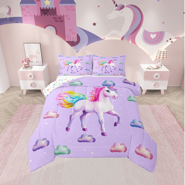 Erosebridal Purple Unicorn Comforter Sets,Kawaii Animal Comforters & Duvets,Polka Dots Bedding Comforter Set,Breathable Cartoon Bedroom Decorative,Reversible,2Pcs