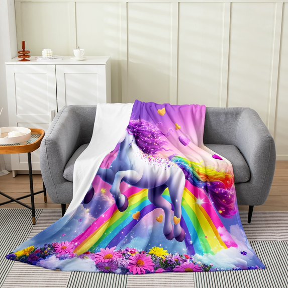 Erosebridal Purple Unicorn Throw Blanket for Couch, Cartoon Rainbow Plush Blanket, Daisy Floral Decor
