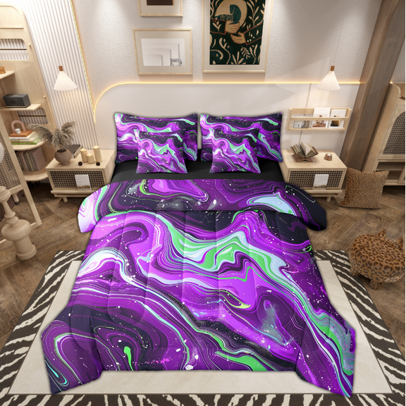 Erosebridal Purple Watercolor Bed in a Bag 7-Piece Aesthetic Tie Dye Bedding Set, Marbling Twin Size Comforter Set Modern Abstract Artwork Bedding Comforter Sets, Geometric Spiral Bed Set