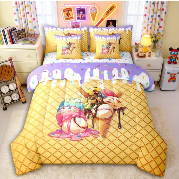 Erosebridal Purple & White Dripping Waffle Baseball Ice Cream Sundae Graphic Bedding Comforter Set 7 Pieces, Dessert Graphic Full Bedding Set for Boys And Girls Kids,Ultra Soft Home Decor