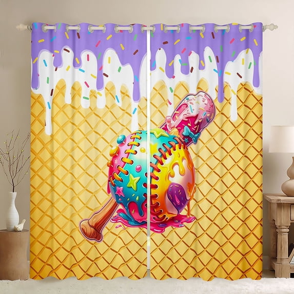 Erosebridal Purple & White Dripping Waffle Colorful Candy Baseball & Bat Graphic Black Out Curtains, Playful Graphic Curtains Pack of 2 (42x63 Each) for Girls Kids,Luxury Bedroom Decor