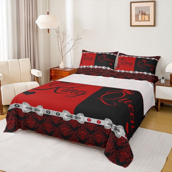 Erosebridal Queen And King Full Size Sheets,Vintage Damask Print Bed Sheets For Men Omen,Red Black 4 Pieces