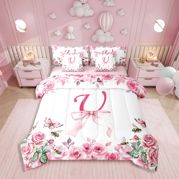 Erosebridal Queen Comforter Set 7 Pieces,Initial Letter Reversible Bed in a Bag Queen,Bowknot Alphabet Queen Bedding Set,A-Z Comforter,Flat Sheet,Fitted Sheet,Pillowcases,Pillow Shams