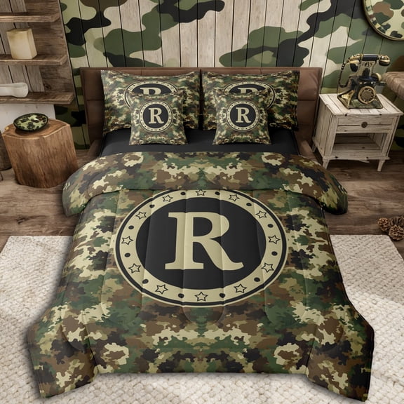 Erosebridal R Personalized Initial Twin Bedding Sets 7-Piece,Abstract Camouflage Bedding Comforter Set For Teenagers,Black Reversible