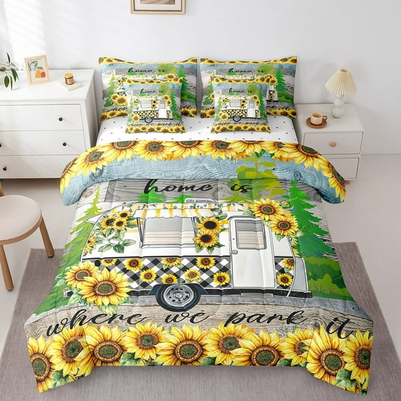 Erosebridal RV Car Bedding Queen Size, Vibrant Sunflower Bed in a Bag Queen size, Happy Camping Decor, 7pcs