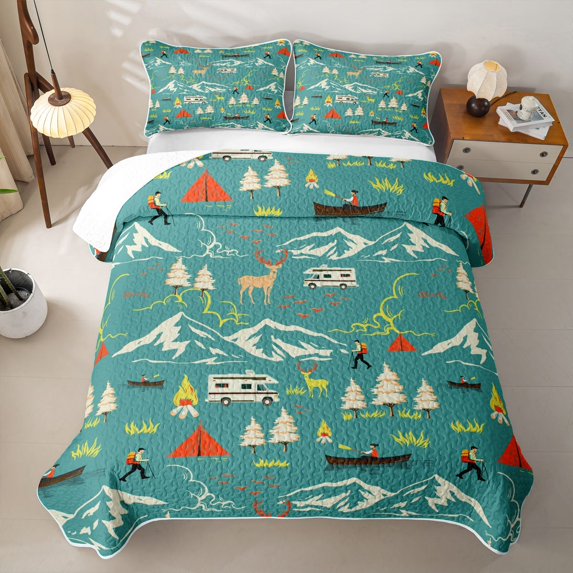 Erosebridal RV Car Outdoor Deer Bed Spread Queen for Boys Men, Teal Mountain Camping Queen Coverlet Set, 3 Pieces