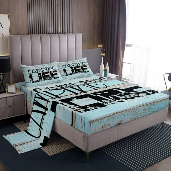 Erosebridal RV Car Sheet Set Twin,Black Blue Bedding Sets Twin Size,Happy Camping Twin Sheet Sets,Breathable Lodge Room Decor,3pcs