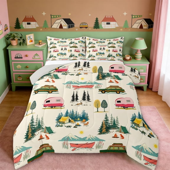 Erosebridal RV Trailers Camper Full Size Comforter Sets,Rustic Cabin Adventure Bedding Sets For Boys Kids,Reversible lightgray,3-Piece