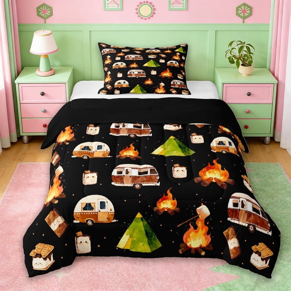 Erosebridal RV Trailers Camper Twin Comforter Sets,Happy Camping Bedding Set For Boys Kids,Reversible black,2pcs
