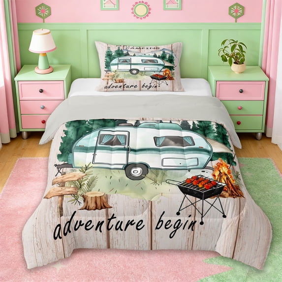 Erosebridal RV Trailers Camper Twin Comforter Sets,Rustic Happy Camping Bedding Set For Boys Kids,Reversible lightgray,2-Piece