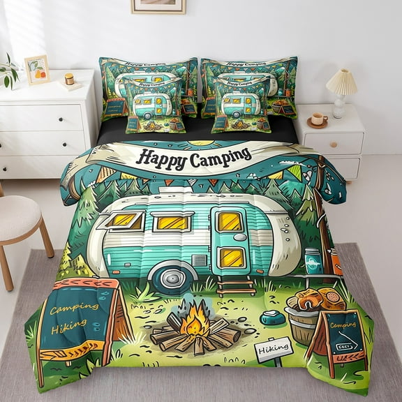 Erosebridal RV Truck Bedding Full Size, Jungle Adventure Bedding Sets Full Size, Happy Camping Decor, Reversible 7 Pieces