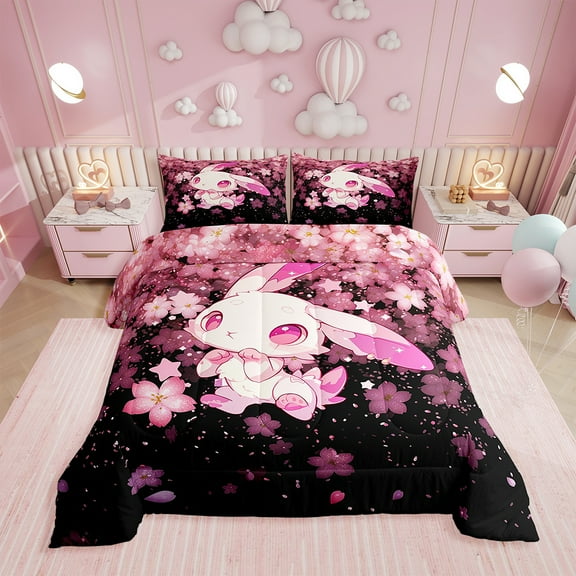 Erosebridal Rabbit Comforter Sets Twin Size, Pink Cherry Blossoms Comforters & Duvets, Floral Bedroom Decor, Reversible