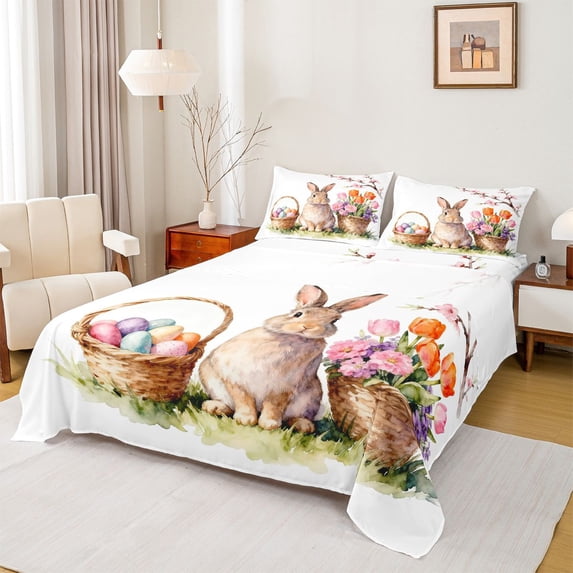 Erosebridal Rabbit Eggs Kid Bed Sheets, Spring Easter Flower King Sheets, 4-Piece