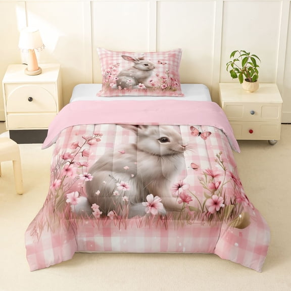 Erosebridal Rabbit Flower Girls Twin Comforter Sets, Pink Buffalo Bedding Set, 2-Piece