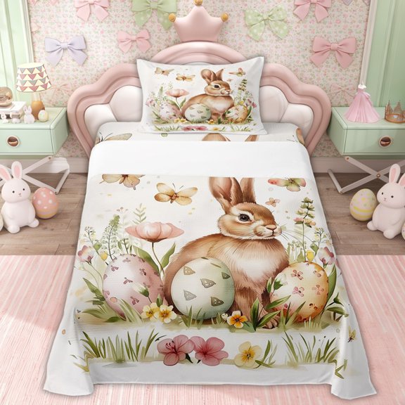 Erosebridal Rabbit Flower Kids Twin Sheet Sets, Spring Easter Bedding, 3pcs
