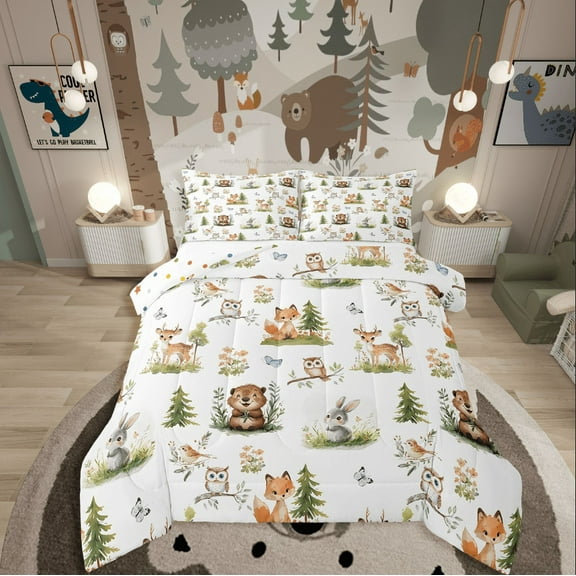 Erosebridal Rabbit Fox Deer Owl Bedding King Comforter Set,Woodland Animal Bedding Sets King with Comforter,Cartoon Room Decorative,Reversible,Super Cozy,3 Pieces