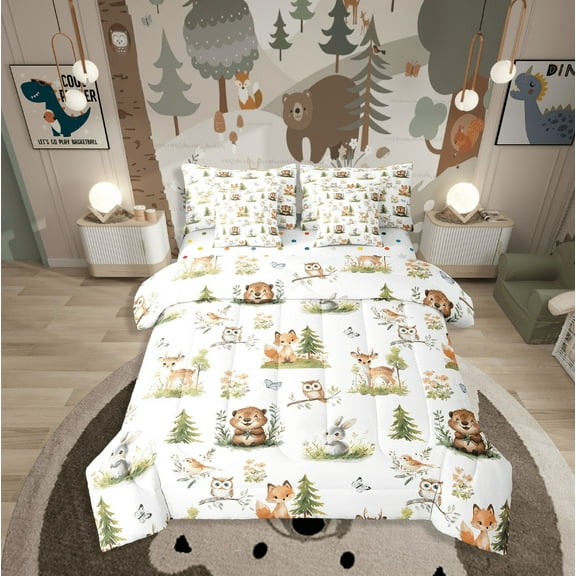 Erosebridal Rabbit Fox Deer Owl Bedding Sets Twin Size,Woodland Animal Comforter Sets with Sheets,Cartoon Room Decorative,Reversible,Breathable,7-Piece