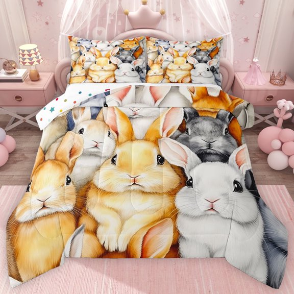 Erosebridal Rabbits Print Queen Comforter Set for Kids, Cute Animal Bedding Comforter Set, Polka Dots Reversible 2 Pieces, 1 Comforter and 2 Pillowcases