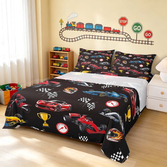 Erosebridal Race Car Bed Sheets, Trophy Full Size Sheets, Dark Red 4pcs (1 Flat Sheet, 1 Fitted Sheet and 2 Pillowcases)