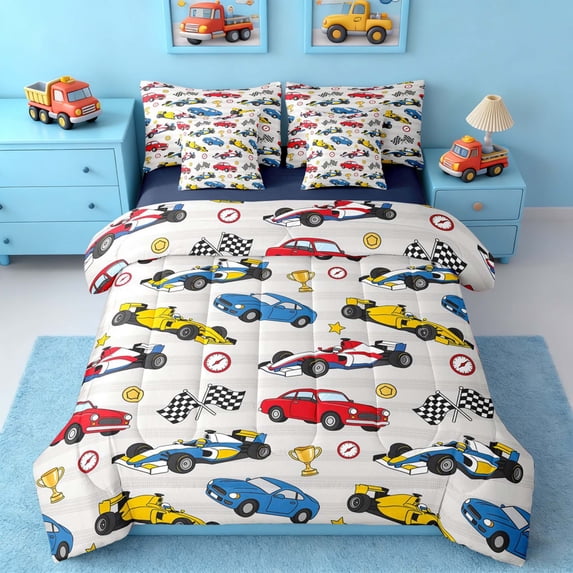 Erosebridal Race Car Bedding Comforter Set for Boys and Girls, Red Blue Yellow Checkered Flag Full Bedding Set, Navy Reversible, 7 Pieces