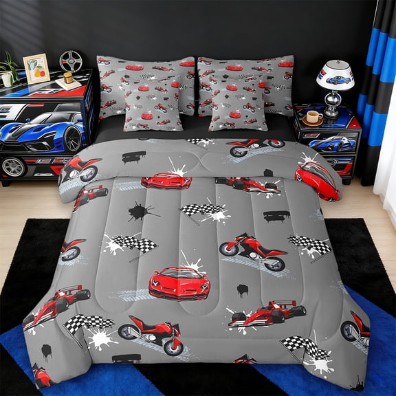 Erosebridal Race Car Bedding Full Size,Extreme Sports Comforter Sets with Sheets,Red Motorcycle Bedding Sets Full Size For Teens,Microfiber Bedroom Decor Reversible,7 Pieces