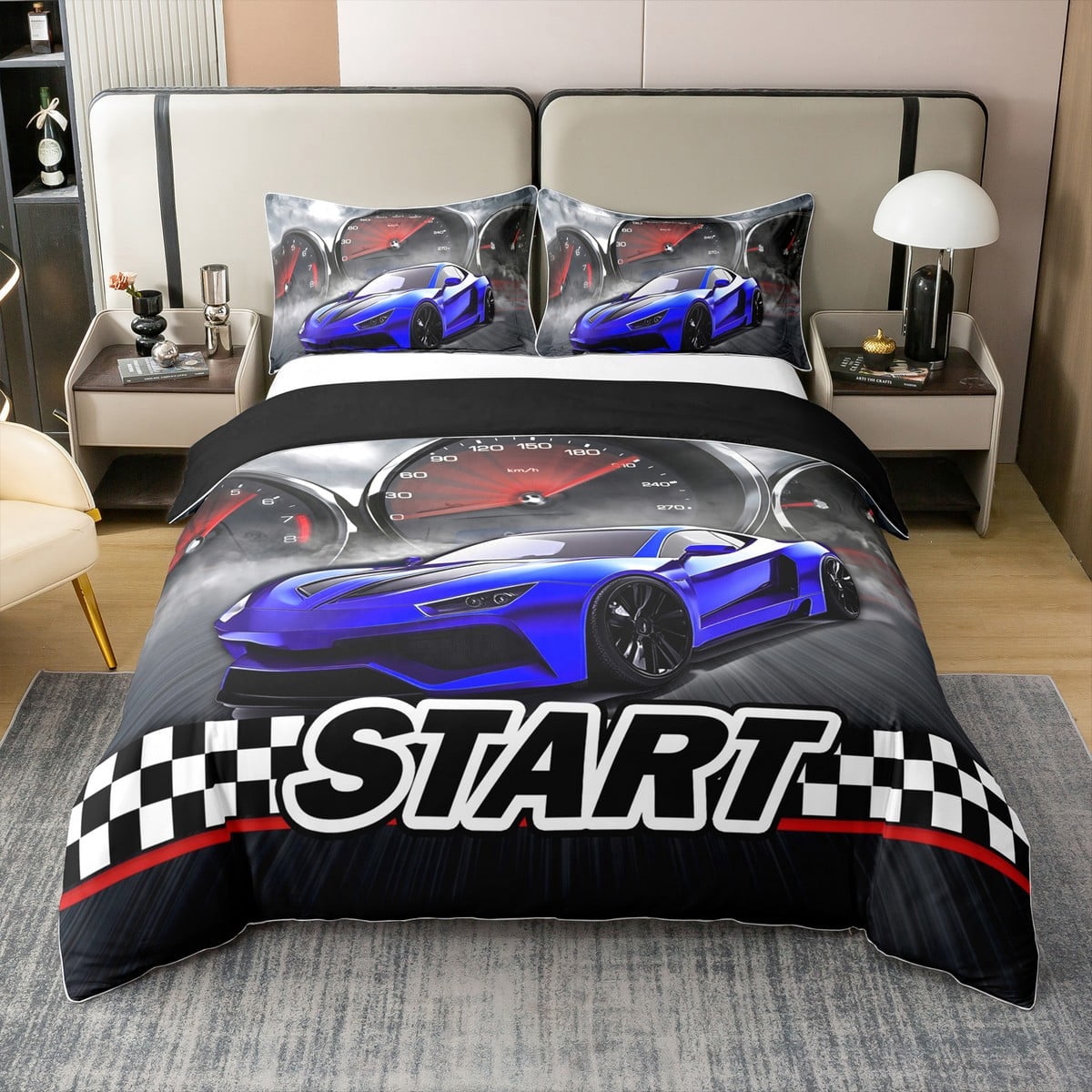 Erosebridal Race Car Bedding Set Cool Sports Car Bedding Queen Size Man Extreme Sports Duvet Cover Blue Racing Car Print Black and White Grids Decor Comforter Cover 3 Pcs