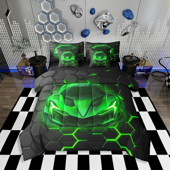 Erosebridal Race Car Comforter Set Queen Size,Neon Honeycomb Bedding Set Teens,Racing Car (Comforter+Fitted+Flat Sheet+2 Pillowcases+2 Throw Pillow Covers) 7 Pieces Bed Set
