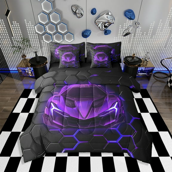 Erosebridal Race Car Comforter Set Twin Size,Neon Honeycomb Bedding Set Teens,Racing Car Bed in a Bag （Comforter,Sheets,Pillowcases & Cushion Covers）