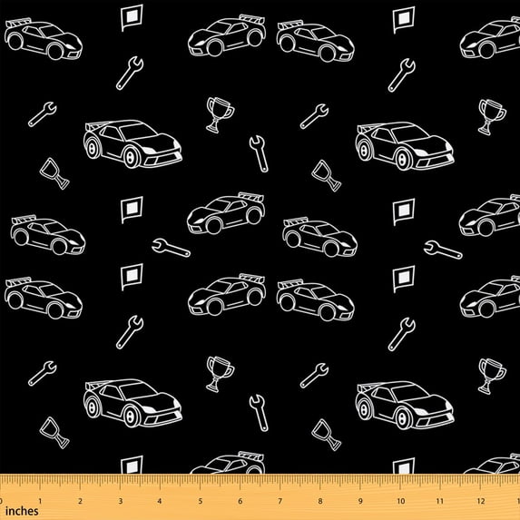 Erosebridal Race Car Fabric by the Yard 2 Yards, Wrench Trophy Checkered Flag Pattern Sewing Fabric