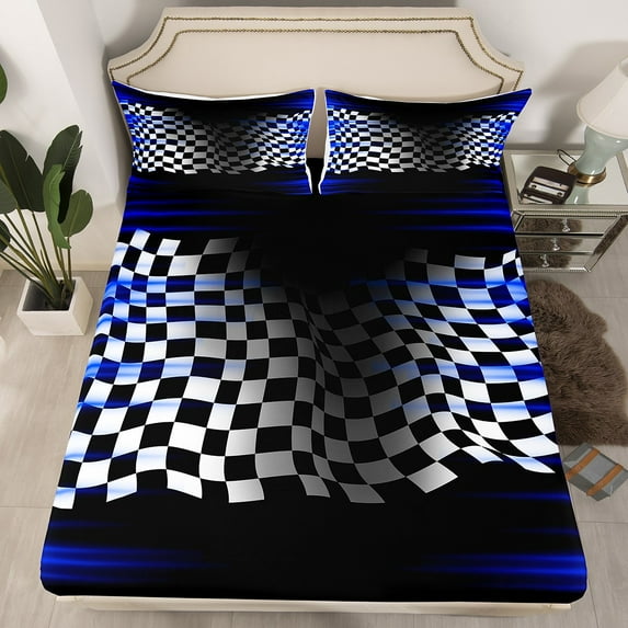 Erosebridal Race Car Fitted Sheet Queen, Sport Theme Bedding Set Queen Size, Nav y Black, 3pcs (No Top Sheet)