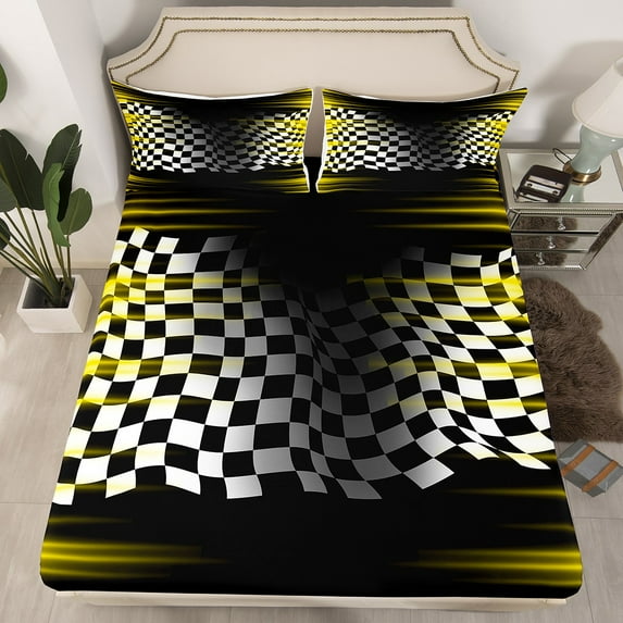 Erosebridal Race Car Fitted Sheet Set Full, Sport Theme Bedding Full Size, Gold Black, 3pcs (No Top Sheet)
