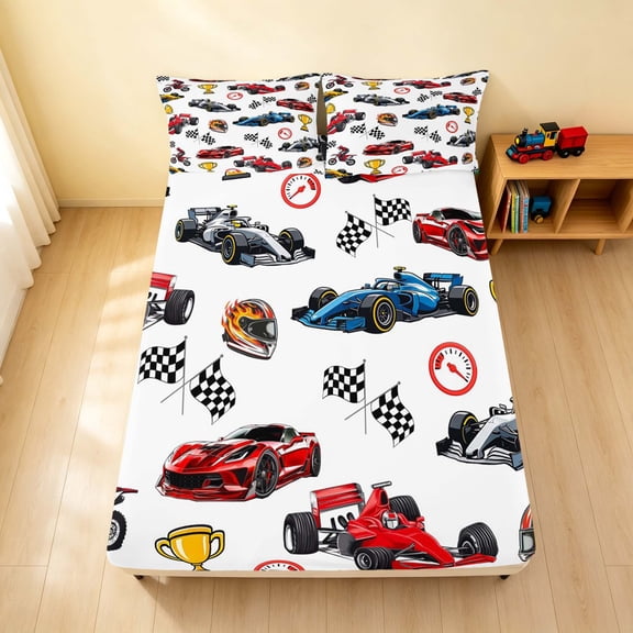 Erosebridal Race Car Fitted Sheet, Trophy Queen Bedding, Black Red 3-Piece 1 Fitted Sheet and 2 Pillowcases