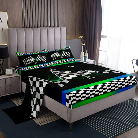 Erosebridal Race Car Flag Bed Sheets Set Twin Size, Black White Bed Sheets Twin, Racing Game Sport Decor 3pcs