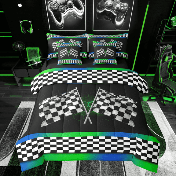 Erosebridal Race Car Flag Bedding Twin Size, Black White Bedding Sets Twin Size, Racing Game Sport Decor, Reversible 7pcs