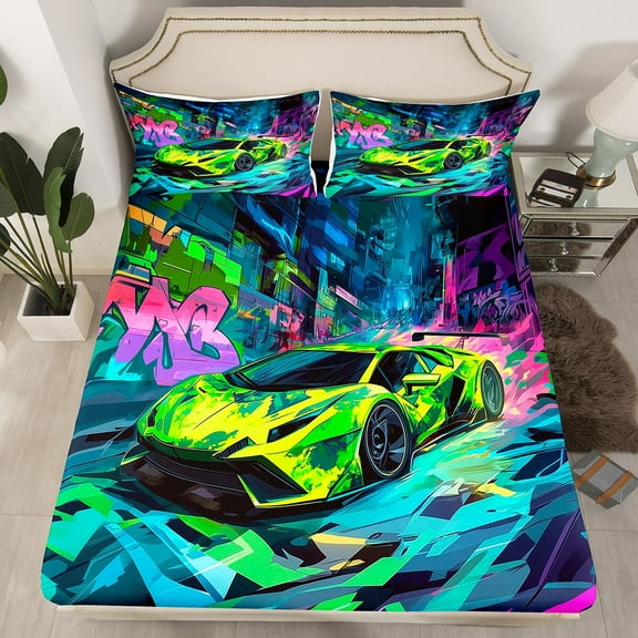 Erosebridal Race Car Full Fitted Sheet Blue Green Racing Car Bedding Set Room Decor,Speed Sports Cars Bed Sheets City Building Graffiti Sheets（No Top Sheet）