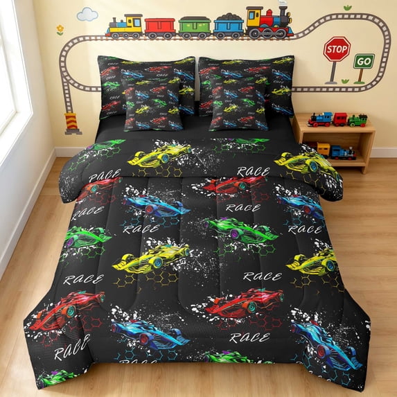 Erosebridal Race Car Full Size Bedding Sets, Colorful Full Size Bed in a Bag, Splatter Color, Black Reversible 7-Piece