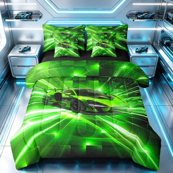 Erosebridal Race Car Full Size Bedding Sets, Speed Light Full Size Bed in a Bag, Green Black, Black Reversible 7-Piece
