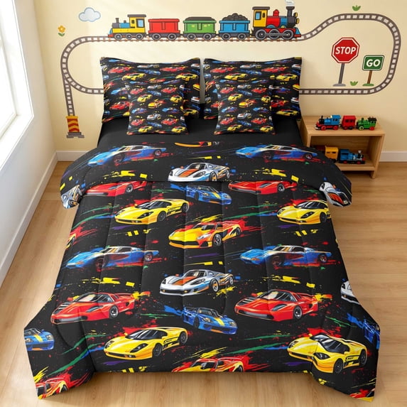 Erosebridal Race Car King Bedding, Colorful King Bed in a Bag, Colorful Black, Black Reversible 7-Piece